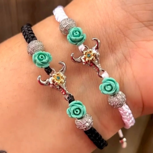 Bull head with teal rose